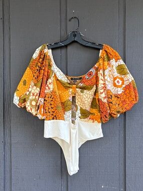 FORE Floral Bodysuit Orange, Olive Green, & Cream Puff Sleeve Women’s Size Med